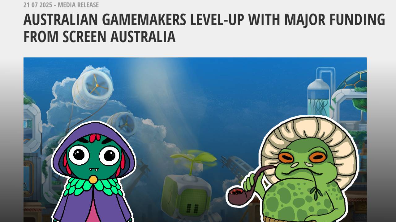 A picture showing a screenshot of the funding announcement article from Screen Australia. Two Slumbering Woods characters are placed over the screenshot.